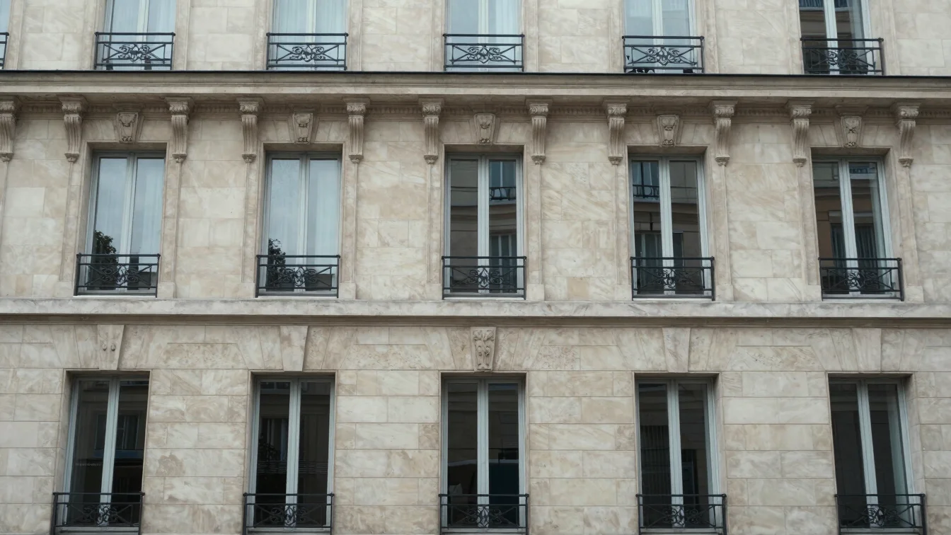 Close detail of renovated stone facade and window frames on a Par