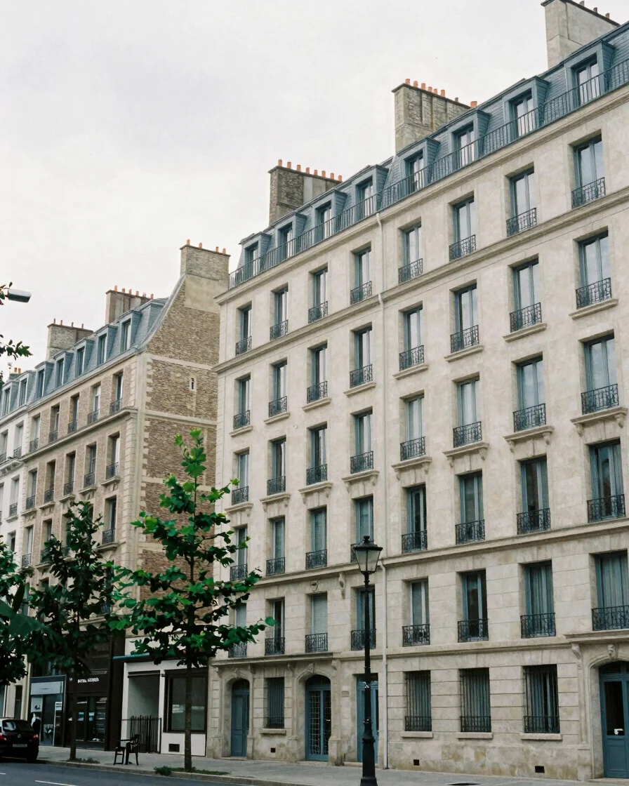 Considered wide architectural view of a contemporary French apart